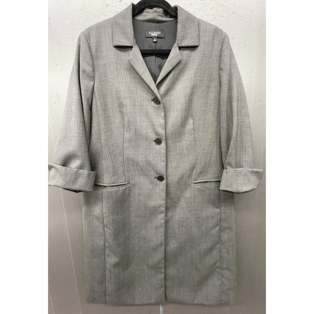 Talbots Long Blazer Jacket 14 Black White Polka Dot Wool Blend Pockets Preppy
